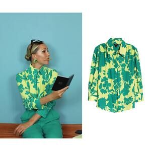 Atlantic-Pacific X Halogen Print Blouson Sleeve Blouse Womens M Bold Floral Top